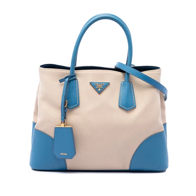 Beige Prada Medium Saffiano Cuir Trimmed Canvas Double Satchel in Beige Saffiano leather from Designer Revival