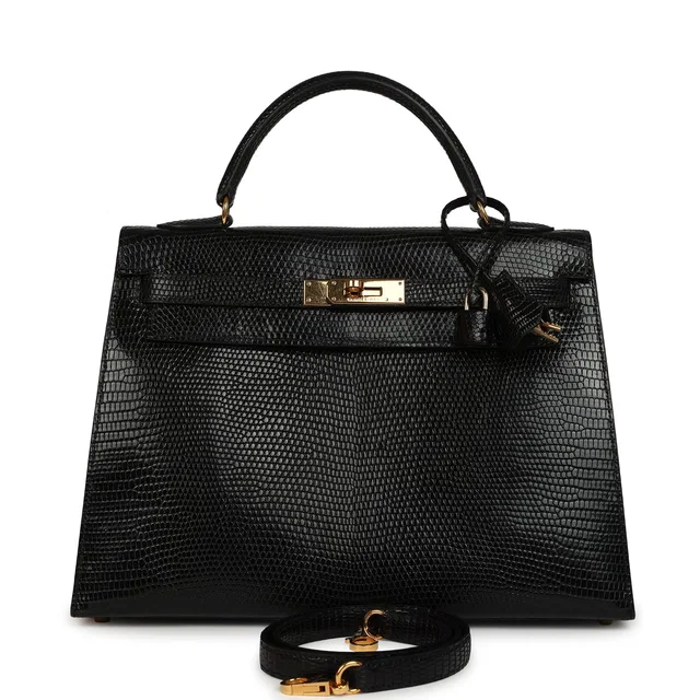 Hermès Vintage Kelly Sellier 32 Black Shiny Varanus Niloticus Lizard Gold Hardware in Black Lizard from Madison Avenue Couture