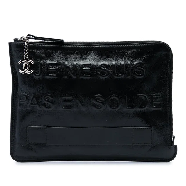 Black Chanel Distressed Calfskin Je Ne Suis Pas En Solde Clutch in Black Calfskin from Designer Revival