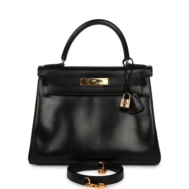 Hermès Vintage Kelly Retourne 28 Black Box Gold Hardware in Black Calfskin from Madison Avenue Couture