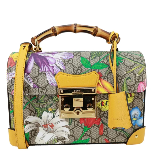 Gucci Padlock Bamboo Flora GG Supreme Canvas Shoulder Bag Beige 603221 in Beige Canvas from Dallas Designer Handbags