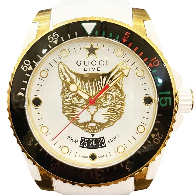 Gucci Dive Mystic Cat Watch SS Rubber Quartz White Gold Dial 136.3 in White from The Reluxe