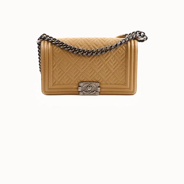 Chanel Old Medium Boy Geometric Quilted Lambskin Beige in Beige Lambskin from The Purse Affair