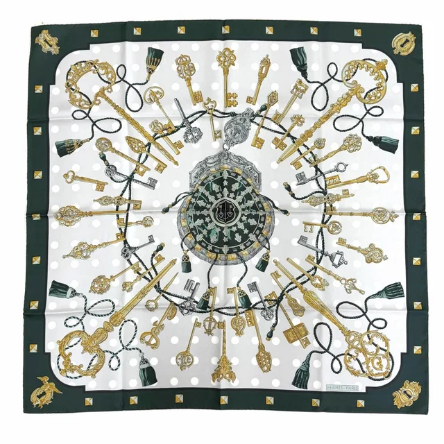 Hermès les Cles Silk 100% Vert Sapin Gray Perlee Vieille Carre 90 Double Face in Green Silk from The Reluxe