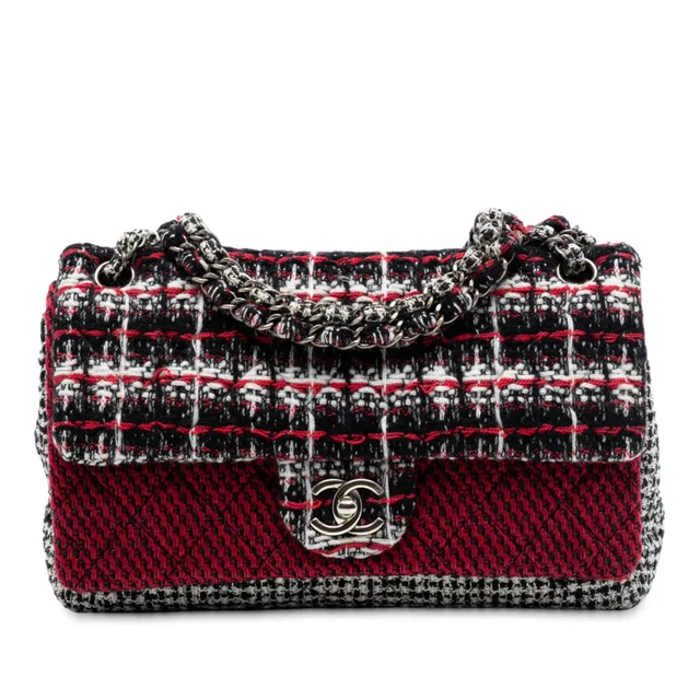 Red Chanel Medium CC Tweed Multi Print Double Flap Shoulder Bag in Red Tweed from Designer Revival