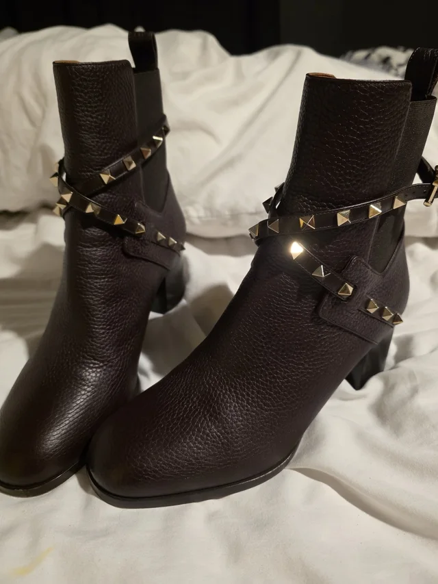 Valentino Garavani Dark Brown Leather Studded Ankle Boots in brown|red|gold Leather from Poshmark