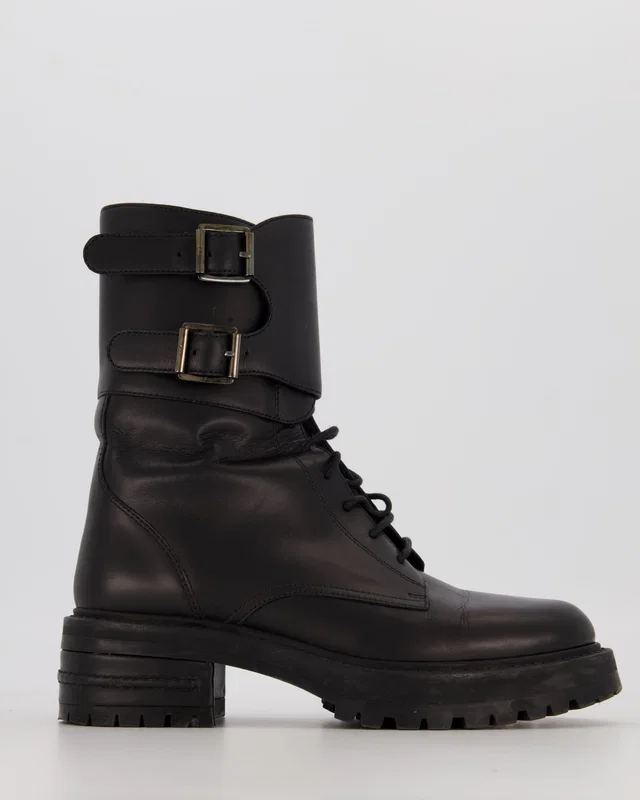 Dior Black D-Trap Leather Buckle Lace Up Combat Boots Size EU 37.5 in Black Leather from Sellier
