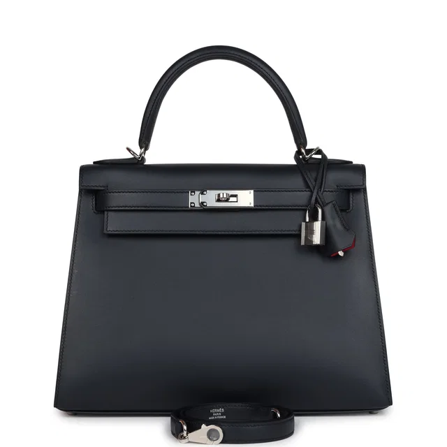 Hermès Special Order (HSS) Kelly Sellier 28 Bleu Obscur Verso Sombrero Palladium Hardware in Blue Goatskin from Madison Avenue Couture