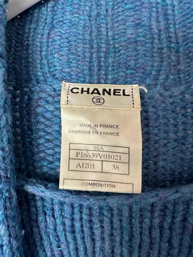 Chanel 01/A Blue Wool Jumper With Scarf Tie and Sparkle Detail Size FR 38 (UK 10) in Blue Wool from Sellier, photo 11 of 12