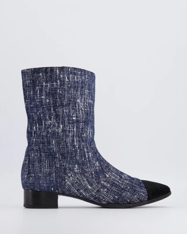 Chanel Navy Boots with Black Suede Toe Cap and Embroidered CC Logo Detail Size EU 40.5 C in Black Suede from Sellier