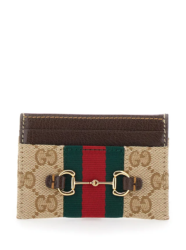 Gucci Horsebit & Web Stripe Card Case — Beige Fabric Cases in Beige Leather from HEWI