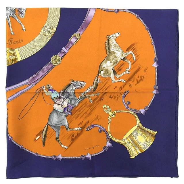 Hermès Carre 90 Pampa Scarf Navy/Camel in Brown Silk from VINTAGE QOO TOKYO