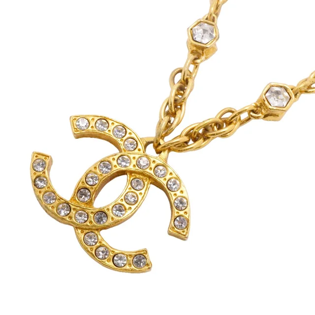 Chanel Necklace Vintage CC Logo Gold Plated Rhinestone in Gold from The Reluxe