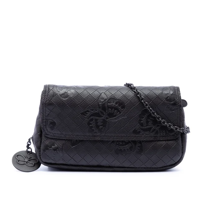 Black Bottega Veneta Small Calfskin Intrecciomirage Embossed Butterfly Chain Crossbody in Black Calfskin from Designer Revival