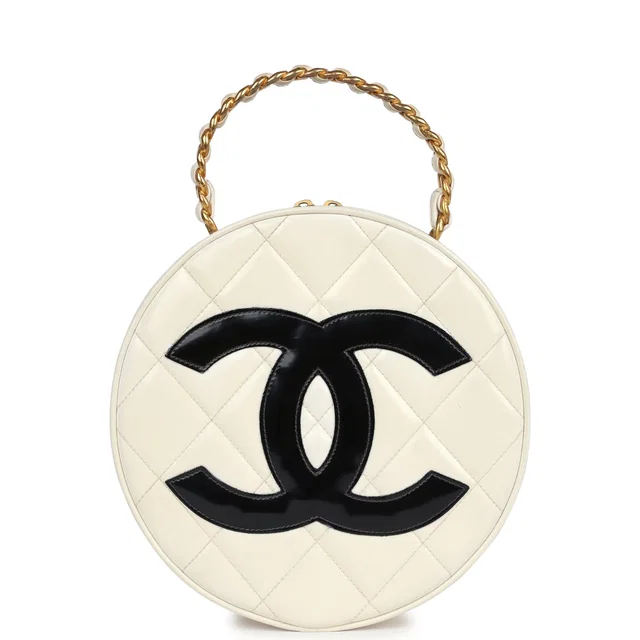 Chanel Vintage Round Vanity Bag White, Black Patent Leather Antique Gold Hardware in Black Patent leather from Madison Avenue Couture