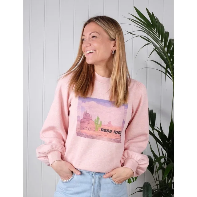 J6 Ganni Trenton Isoli Boss Lady Graphic Pink Puff Sleeve Sweatshirt Womens M in pink from Poshmark