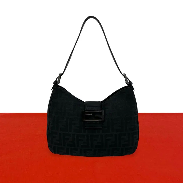 Fendi Zucca FF Logo Pattern Canvas Leather Shoulder Bag Black in Black Canvas from The Reluxe