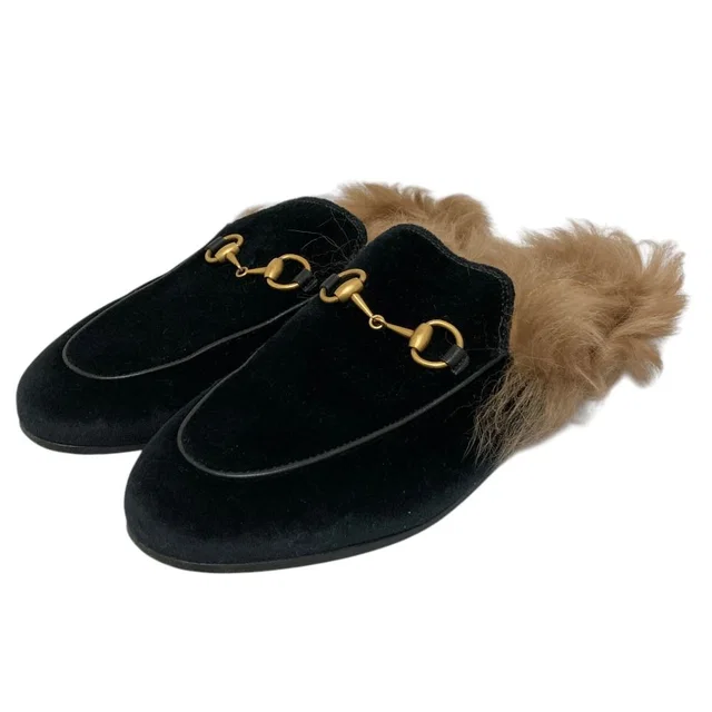 Gucci Prince Town Lamb Fur Horsebit Velvet Sandals Black Beige in Black Velvet from The Reluxe