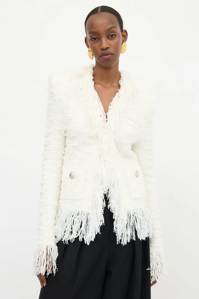 Balmain Knit Tweed Fringe Jacket in Tweed from VSP Consignment
