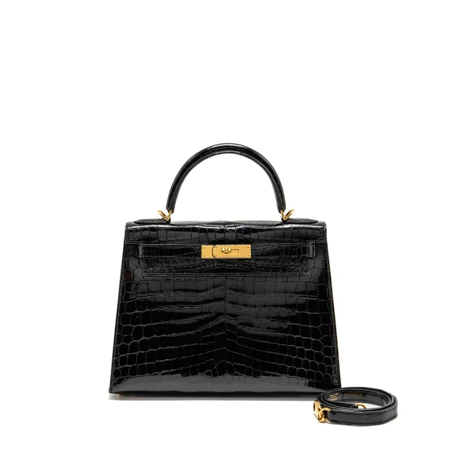 Hermès Kelly 28 Sellier Shiny Crocodile Niloticus Black GHW Stamp A in Black Crocodile from EMIER