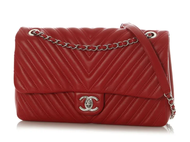 Chanel Jumbo Red Chevron-Quilted Lambskin Classic Single Flap in Red Lambskin from Ann's Fabulous Finds, photo 2 of 9