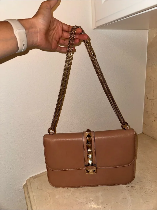 Valentino Garavani Beige Leather Shoulder Bag With Gold Studs And Chain in neutral|gold|brown Leather from Poshmark