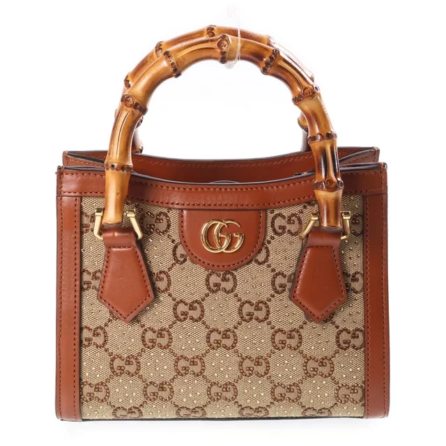 Gucci Diana Crystal Small 2-Way Shoulder Bag Rhinestone Brown Canvas Leather in Brown Canvas from The Reluxe