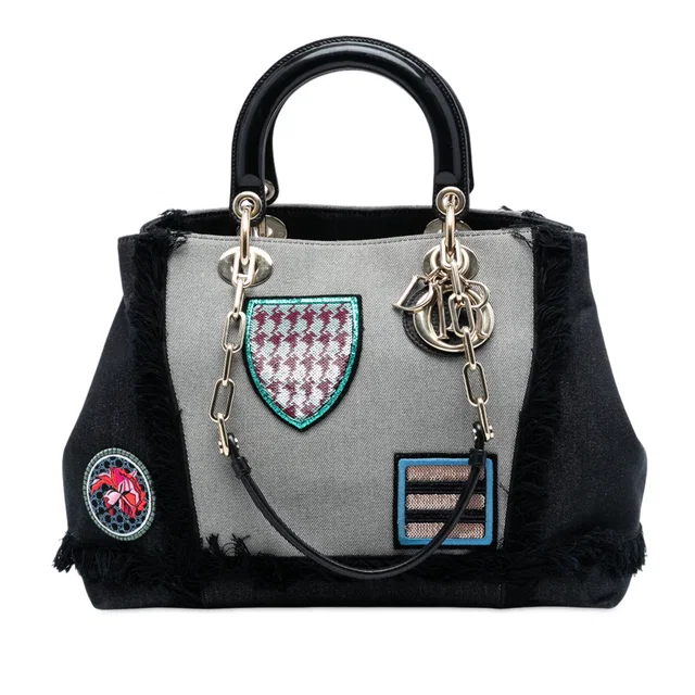 Black Dior Denim Patch D Light Satchel in Black Denim from Designer Revival