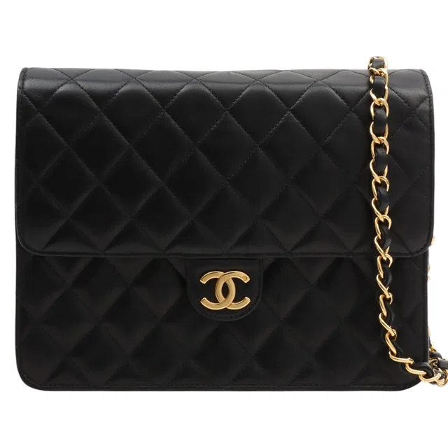 Chanel Circa 1997 Matelassé Stitch CC Mark Plate Chain Shoulder Bag Black in Black Lambskin from VINTAGE QOO TOKYO
