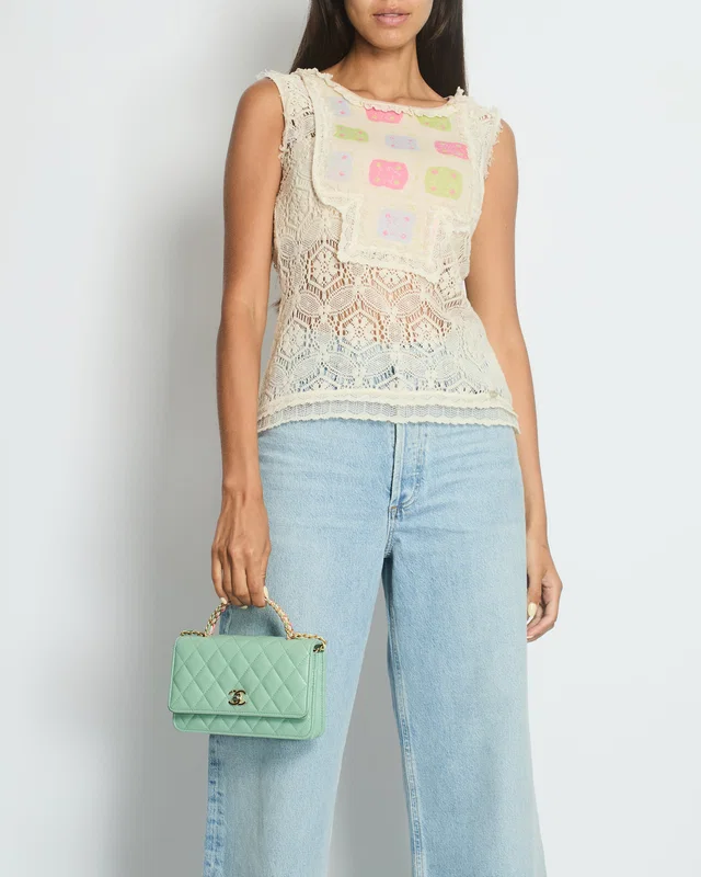 Chanel Cream Crochet Sleeveless Top with Multicoloured Detail FR 36 (UK 8) in White Nylon from Sellier