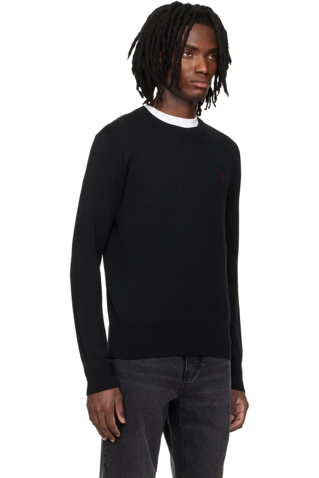 AMI Paris Black Wool Contrasted Ami de Coeur Crewneck Sweater, photo 2 of 4 from SSENSE