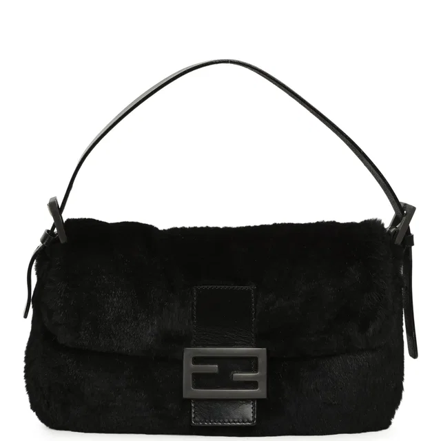 Fendi Vintage Baguette Bag Black Rabbit Fur Silver Hardware in Black Satin from Madison Avenue Couture