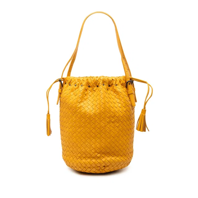 Orange Bottega Veneta Nappa Intrecciato Drawstring Bucket Bag in Orange Nappa leather from Designer Revival