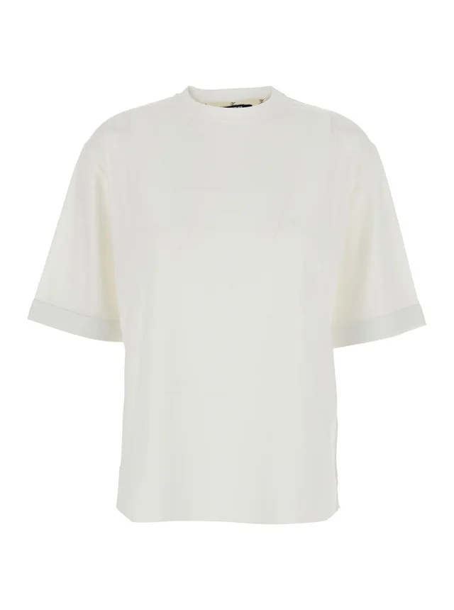 JACQUEMUS 'LE TSHIRT VENTADOU' White Crew neck T-shirt with gros grain logo on the back in fabric for women in White 57% Paper 43% Polyester, photo 2 of 6 from Gaudenzi Boutique