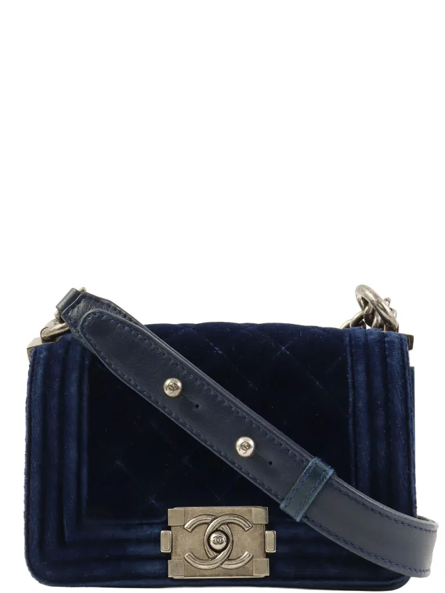 VELVET BOY CHANEL CHAIN SHOULDER BAG MINI, NAVY, c. 2013 in Navy Velvet from VINTAGE QOO TOKYO, photo 2 of 21