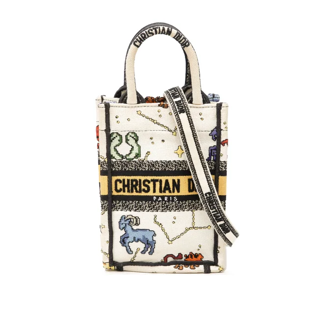 White Dior Mini Embroidered Canvas Pixel Zodiac Vertical Book Tote Satchel in White Canvas from Designer Revival