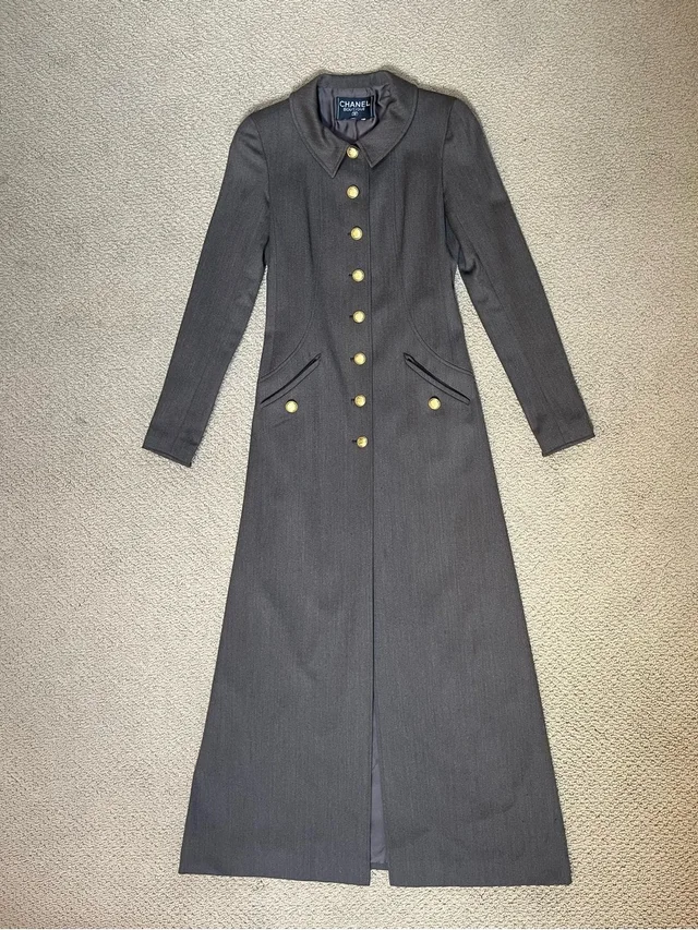Vintage Fall 1996 Chanel Rtw Wool Military Maxi Coat | Karl Lagerfeld Runway in gray|green Wool from Poshmark