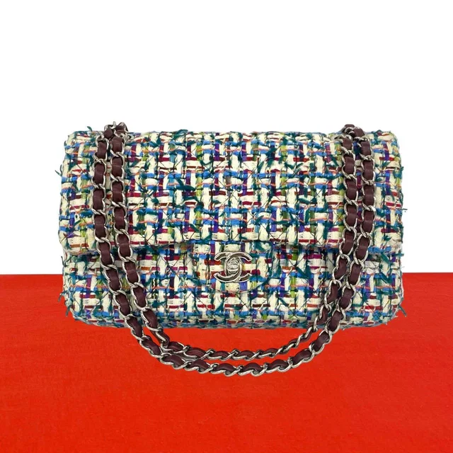 Chanel Double Flap CC Logo Tweed Chain Shoulder Bag Multicolor in Multicolor Tweed from The Reluxe