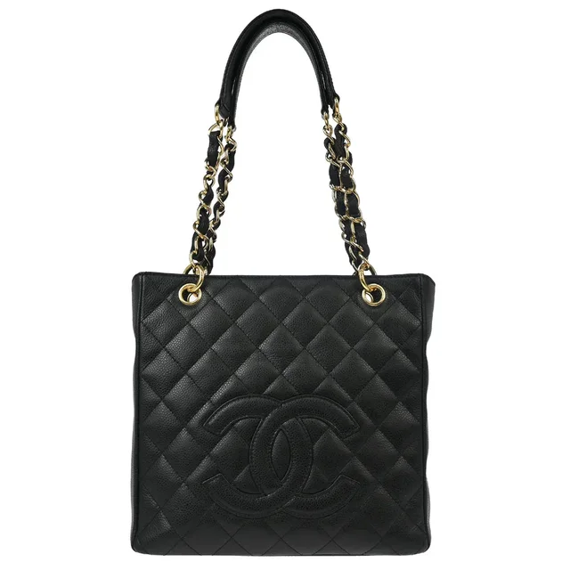 Chanel 2006-2008 Black Caviar Petite Shopping Tote PST Chain Handbag in Black Caviar leather from AMORE Vintage Tokyo