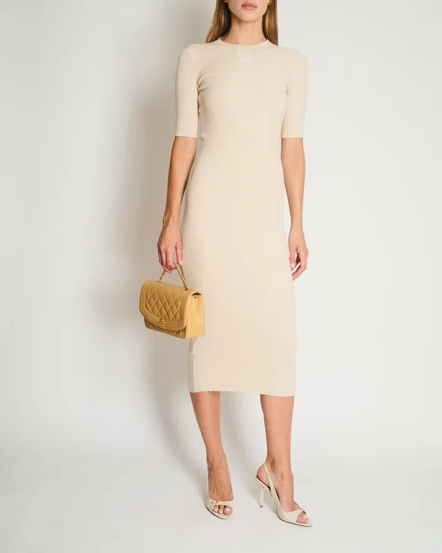 Miu Miu Beige Cotton Short Sleeve Maxi Dress With Logo Embroidery Size IT 36 (UK 4) in Beige from Sellier