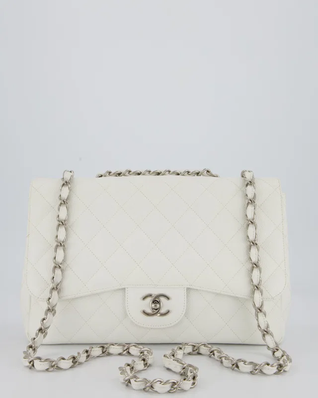 Chanel White Jumbo Classic Single Flap Bag in White Caviar leather from Sellier