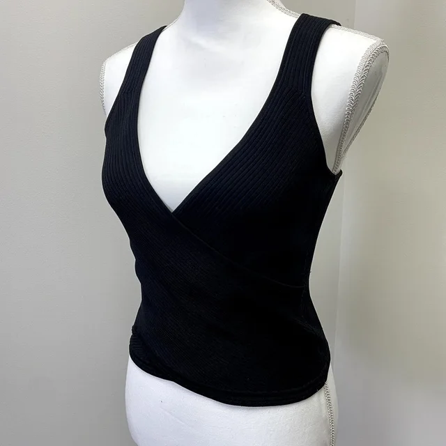 SIMKHAI Ribbed Wrap V-Neck Tank Top Size L Surplice Knit Crop in black from Poshmark