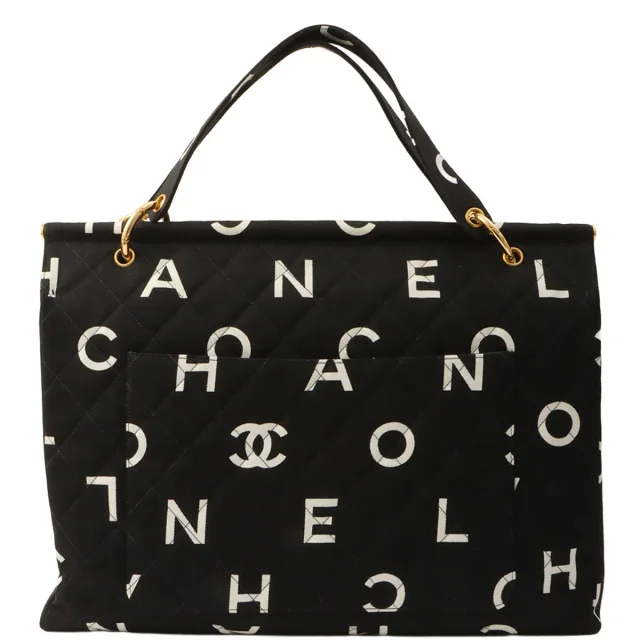 Chanel Circa 1997 Canvas CC Mark Logo Print Tote Bag Black/White in Black Canvas from VINTAGE QOO TOKYO, photo 2 of 11