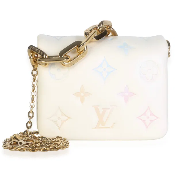 Louis Vuitton Cream Multicolor Gradient Embossed Monogram Lambskin Coussin Belt in White Lambskin from myGemma