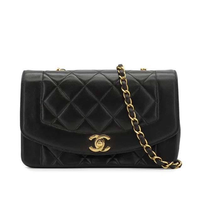 Chanel Vintage Diana Small Chain Shoulder Bag Black Lamb Skin Gold Hardware in Black Leather from Luxury Promise