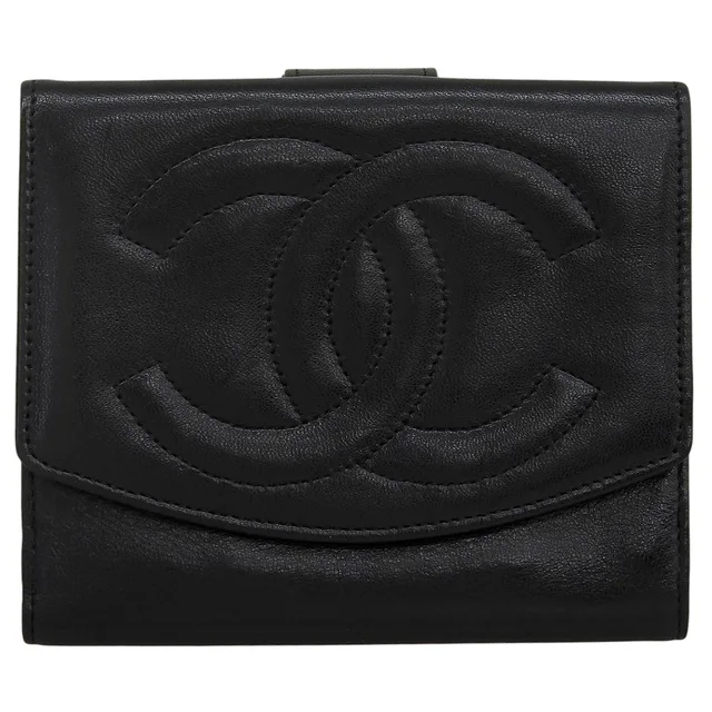 Chanel Circa 1997 CC Logo Stitch Compact Wallet Black in Black Lambskin from VINTAGE QOO TOKYO