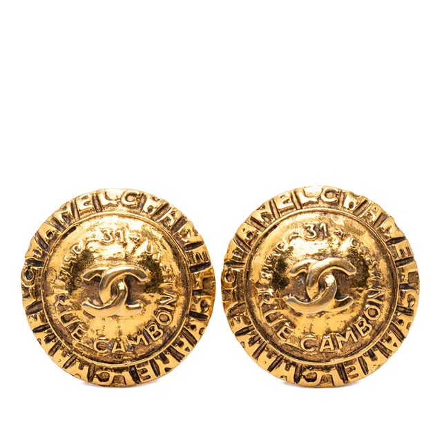 Gold Chanel CC Gold Plated Rue Cambon Round Clip on Earrings in Gold from Designer Revival