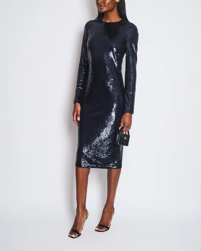 Tom Ford Dark Navy Sequin Round Neck Long Sleeve Midi Dress Size IT 42 (UK 10) in Navy Silk from Sellier