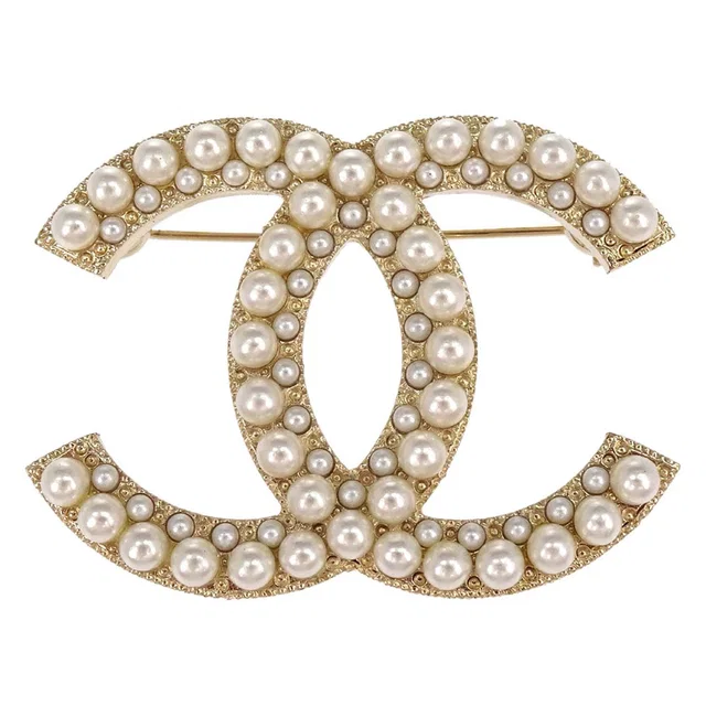 Chanel CC Costume Pearl Brooch Pin Gold A19V in Gold from AMORE Vintage Tokyo