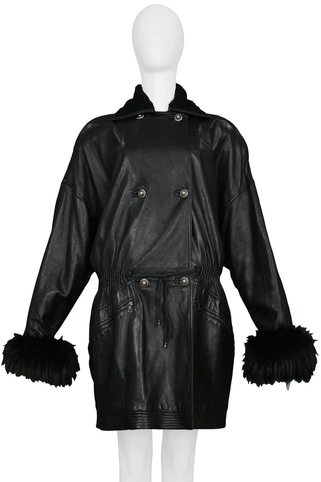 Versace BLACK LEATHER DRAWSTRING WAIST COAT 1990s in Black Leather from Resurrection Vintage